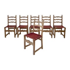 1940s Rustic French Cerused Oak & Leather Dining Chairs - Set of 6