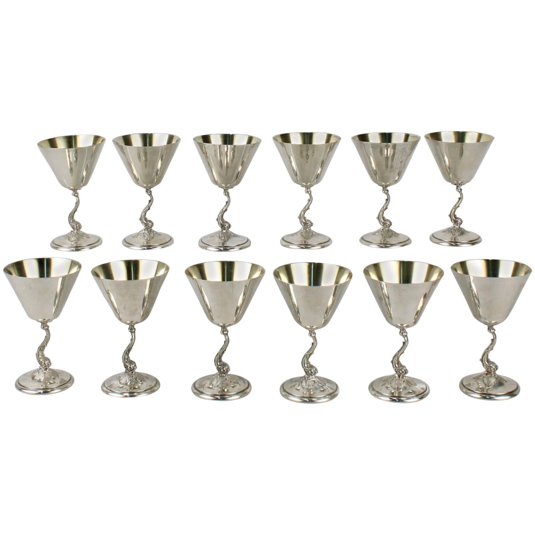 12 Gorham Art Deco Sterling Silver Dolphin Martini Goblets or Cocktail Stems