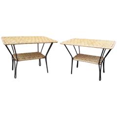 Pair of Mid-Century Iron and Rattan End Tables