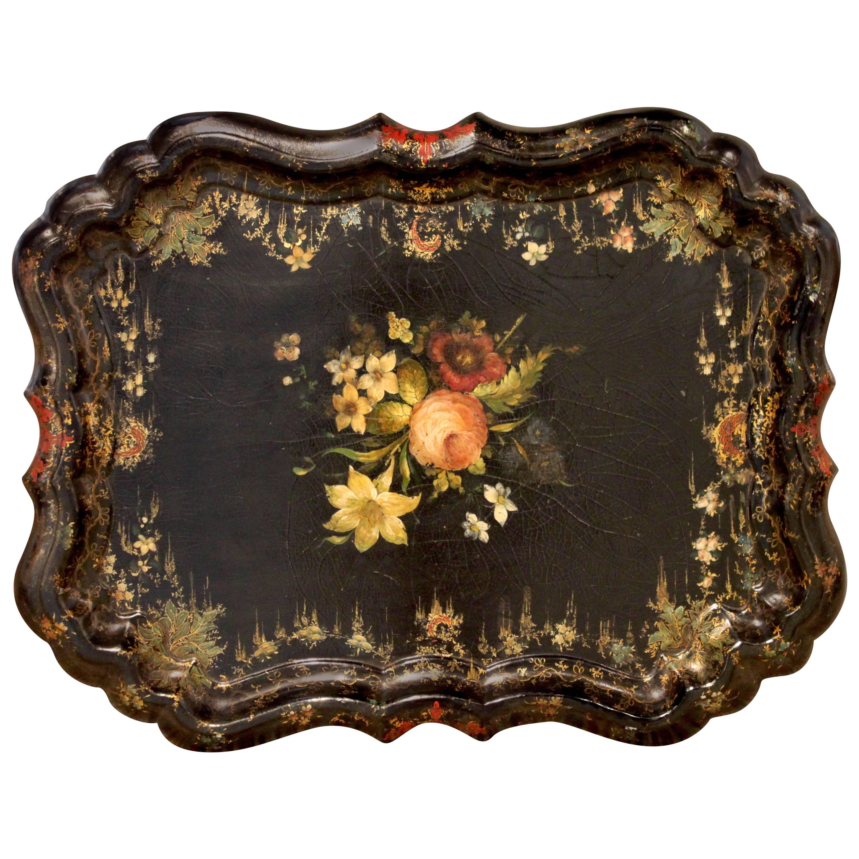 English Hand-Painted Victorian Papier Mâché Tray For Sale