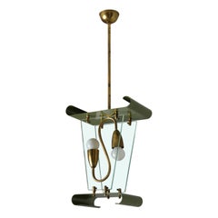 Mid-Century Italian Designer Pendant Lamp in Brass and Green Lacquered Metal