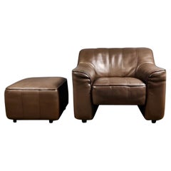 Mid Century De Sede DS44 Fauteuil et pouf Cuir Brown Vintage Retro MCM