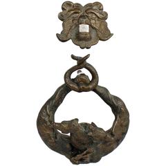 Antique Renaissance Style Bronze Door Knocker with 2 Hippocampi & Neptune's Face
