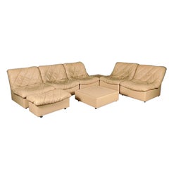 Large Cream Patterned Leather Modular Sofa Set Mid Century Vintage Retro MCM