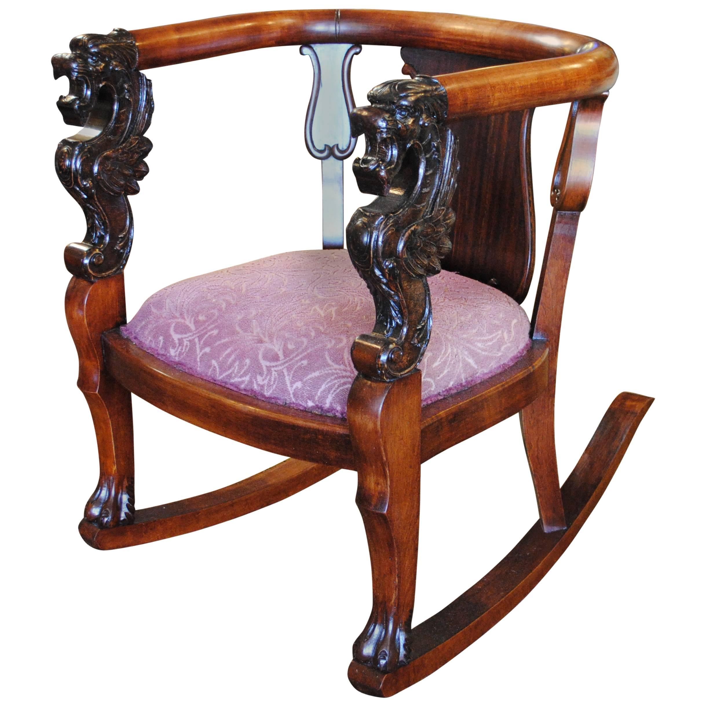 Antique Wood Rocking Chair Carved Griffin Lion Dragon For Sale