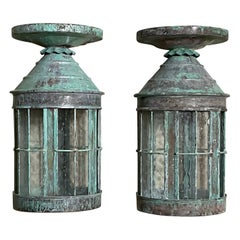 Pair of Antique Brass Lanterns  Rustic Outdoor Verdigris Copper lantern
