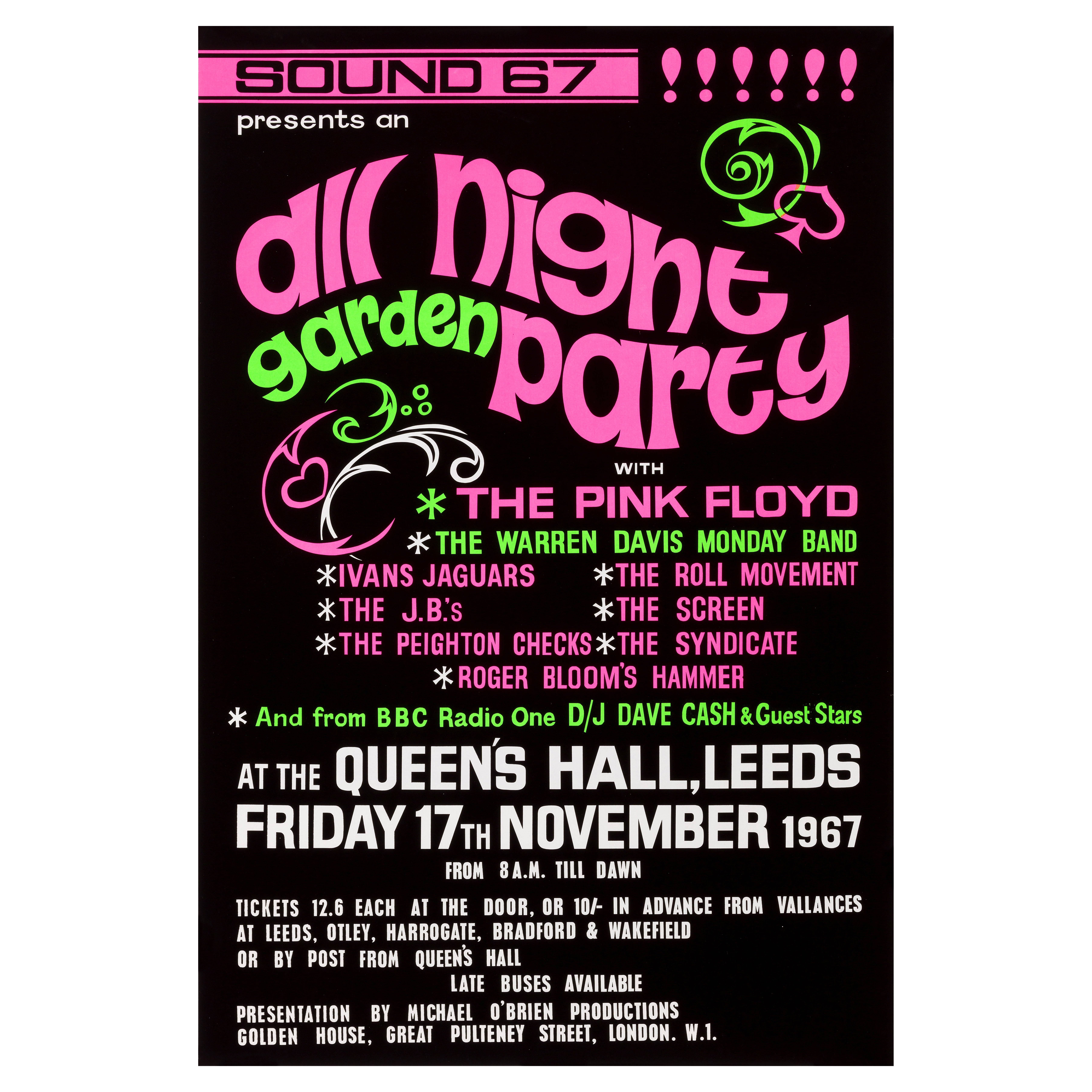 Affiche de concert britannique originale Pink Floyd, Queen's Hall, Leeds, 1967