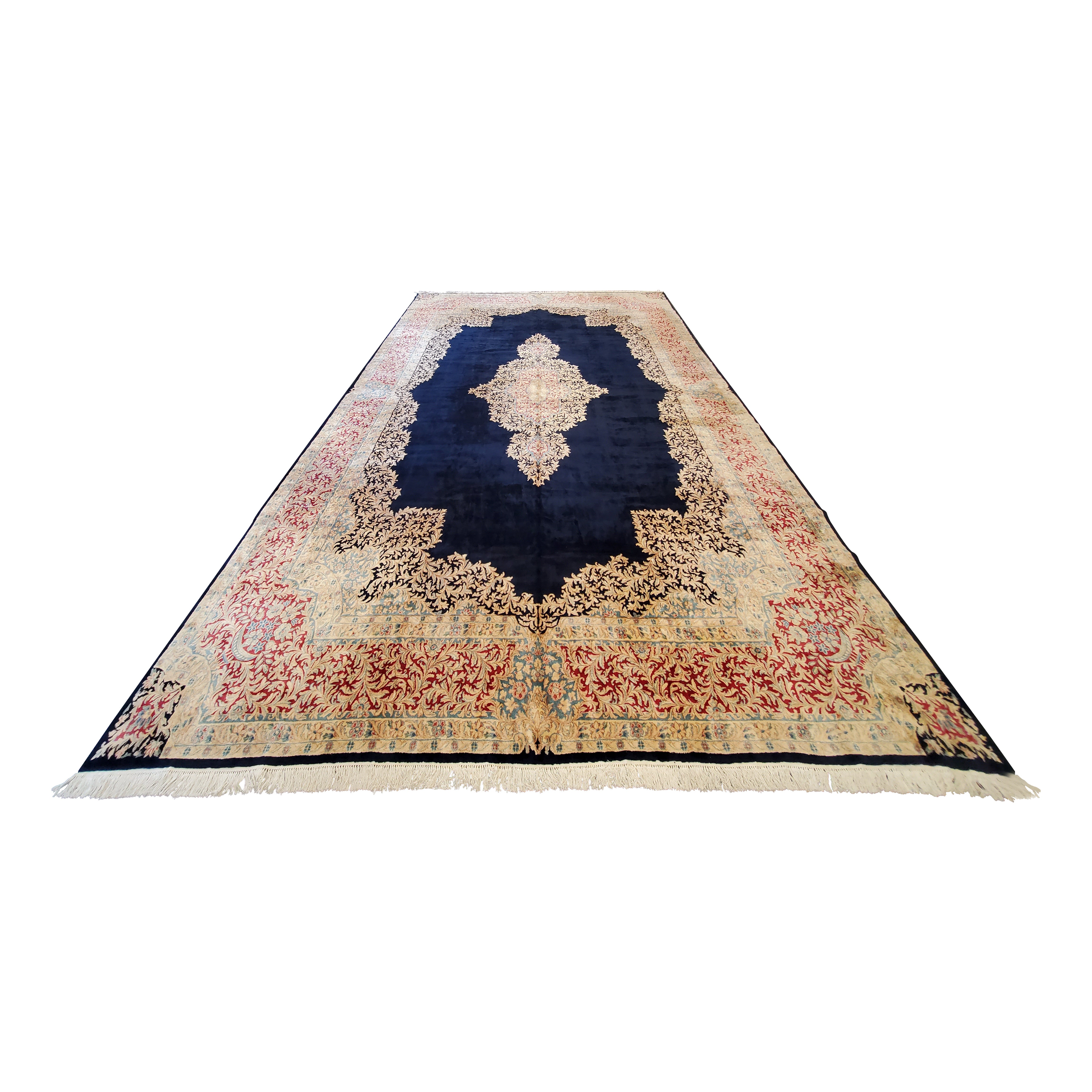 Antique Persian Kerman Oriental Carpet, Handmade Rug Navy, Ivory, Red, Soft Gold For Sale