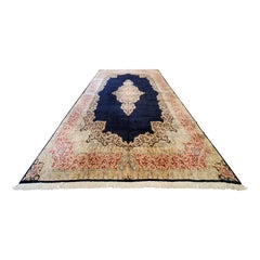 Antique Persian Kerman Oriental Carpet, Handmade Rug Navy, Ivory, Red, Soft Gold