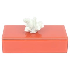 Vintage Orange Glass HInged Box with White Coral Top Black Velvet Interior