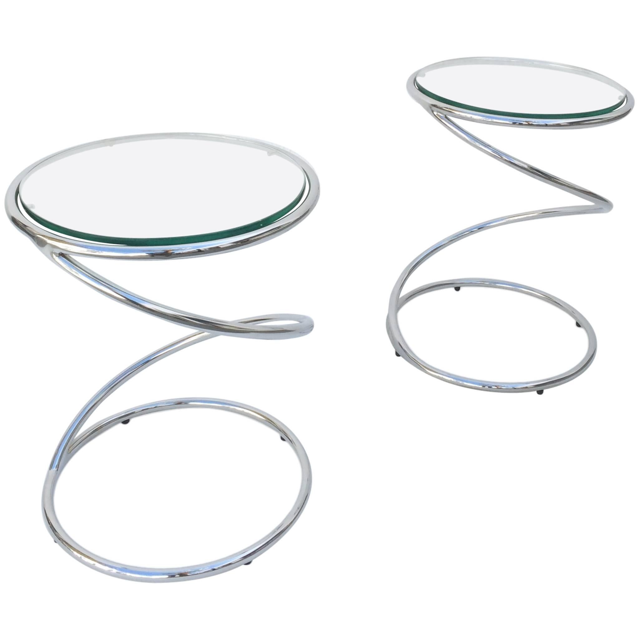Polished Chrome and Glass Spiral Occasional Tables by Leon Rosen for Pace