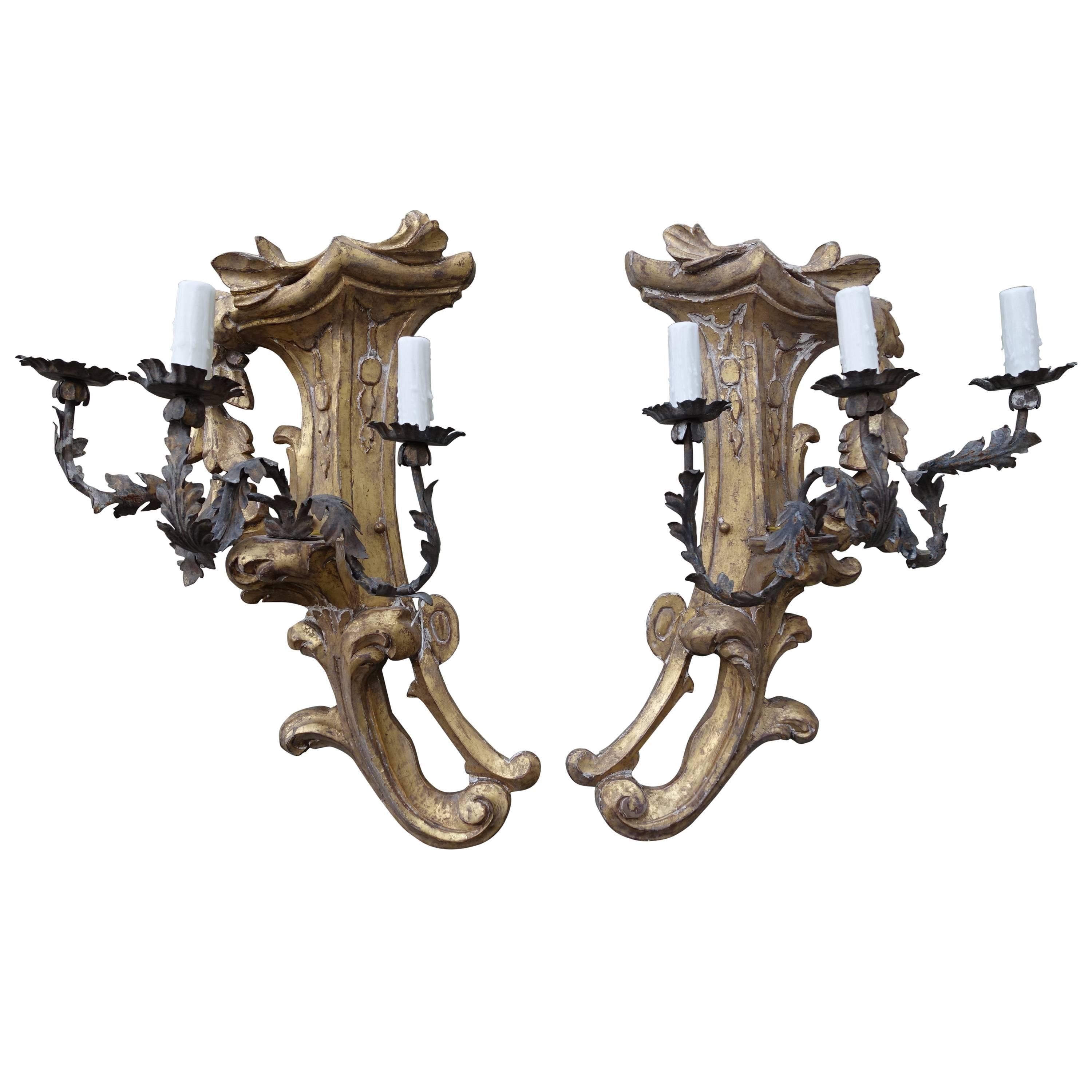 Three-Light Gilt Wood & Wrought Iron Sconces, Pair