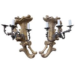 Three-Light Gilt Wood 
Wrought Iron Sconces, Pair