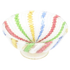 Vintage Venini Murano Glass Pedestal Glass Bowl With Latticino Ribbons