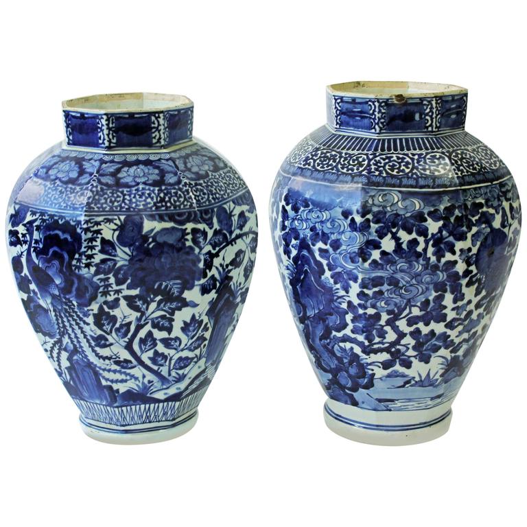 Huge Near Pair of Late Japanese Octagonal Arita Blue and White Vases