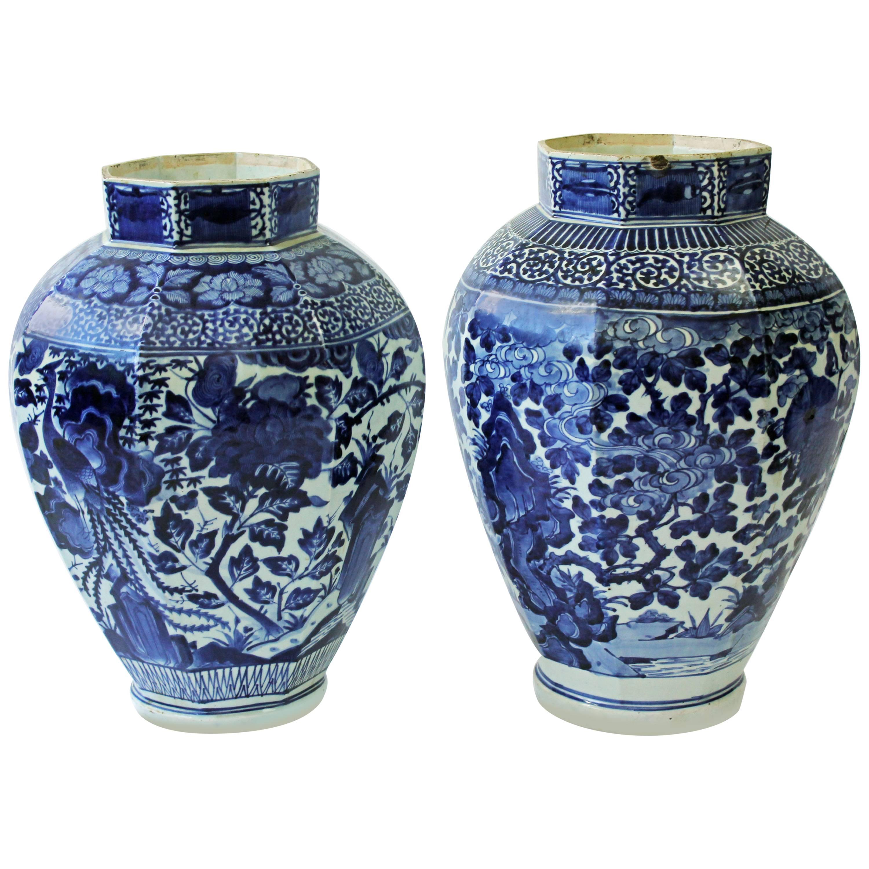 Huge Near Pair of Late Japanese Octagonal Arita Blue and White Vases For Sale