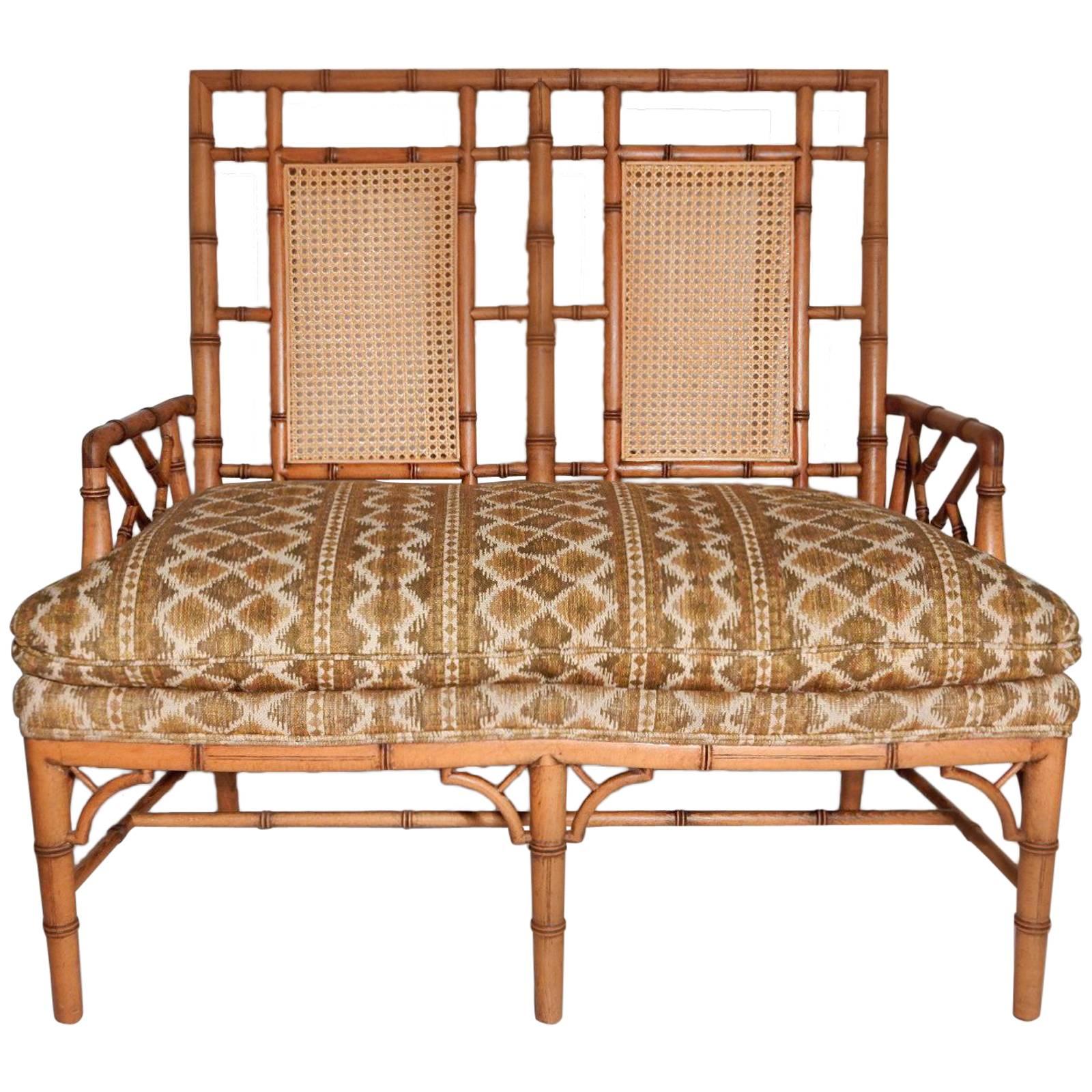 1950s Chippendale Faux Bamboo Rattan Settee Arm Chair Chinoiserie