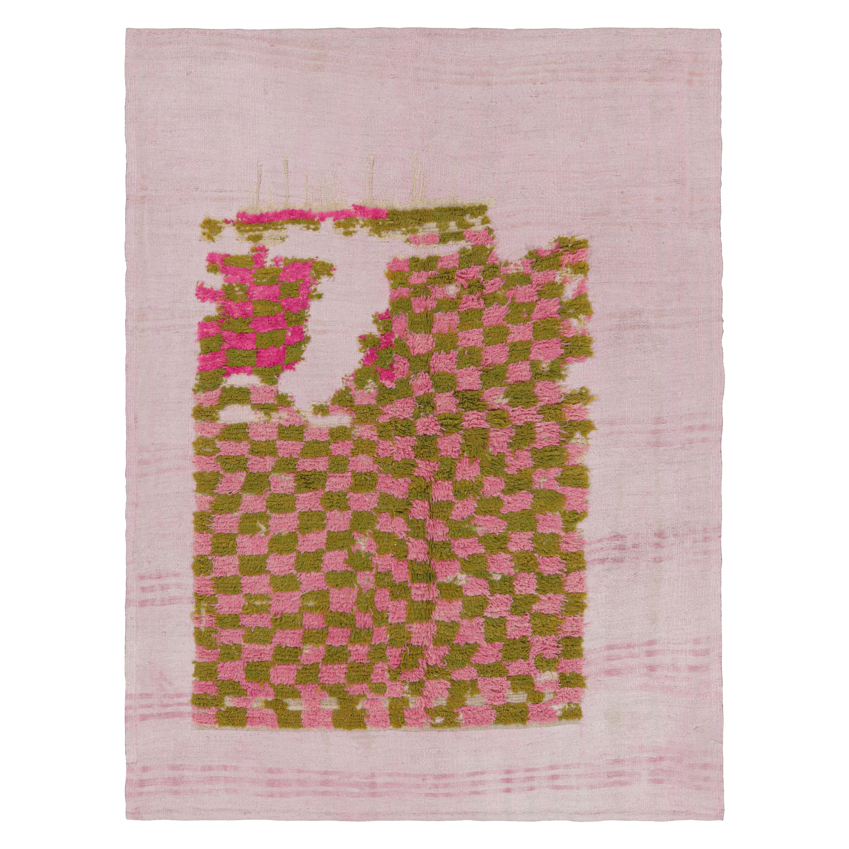 Alfombra turca vintage con motivos geométricos verdes y rosas  Rug & Kilim