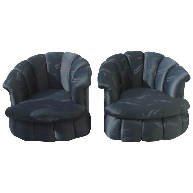 Swivel Chairs Pair of Vintage Tufted Tub Barrel Arm Pouf Hollywood