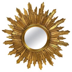 Stunning Gold Gilded Sunburst Starburst Flat Mirror, Toleware Belgium 1960s