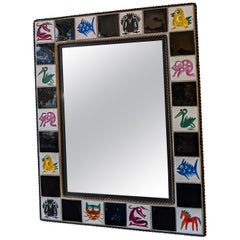 Vintage 1960s French mirror, with handmade ceramic animals and birds tile frame