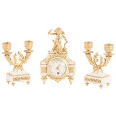 Antique Nice Decorative Miniature Three-Piece White Marble and Ormolu Clock Set