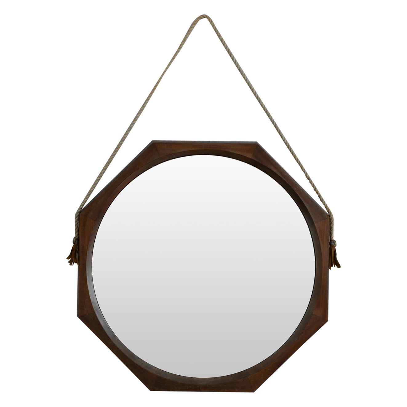 Octagonal mirror with wooden frame and cord detail with leather accents, 1950s