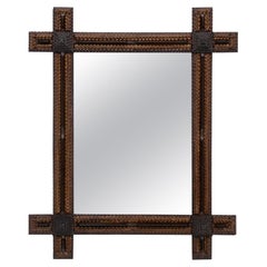 19th Century Tramp Art Rustic Wall Mirror, Handcarved, Austria ca. 1870