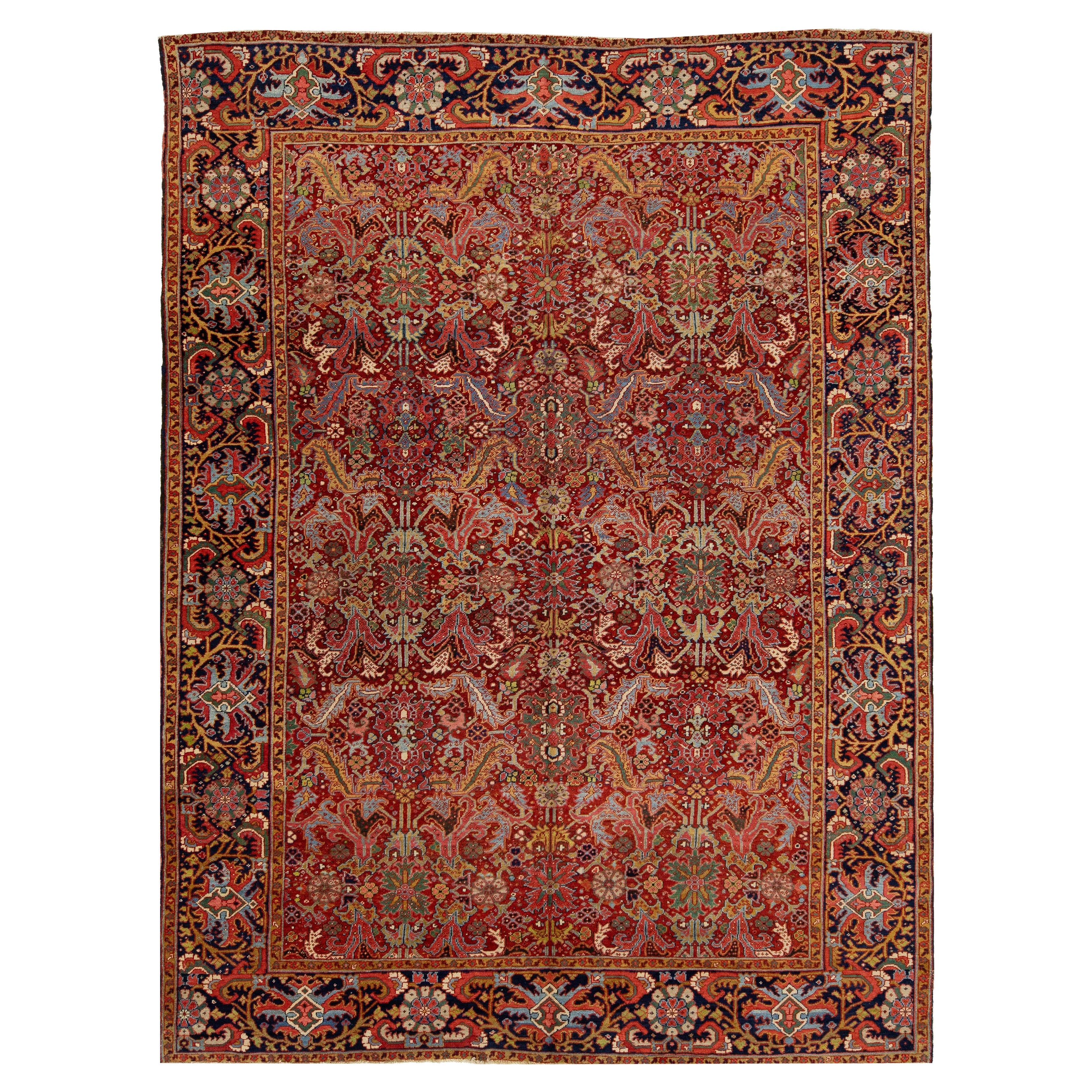 Antiker persischer Heriz-roter Wollteppich in Zimmergröße mit Allover-Design