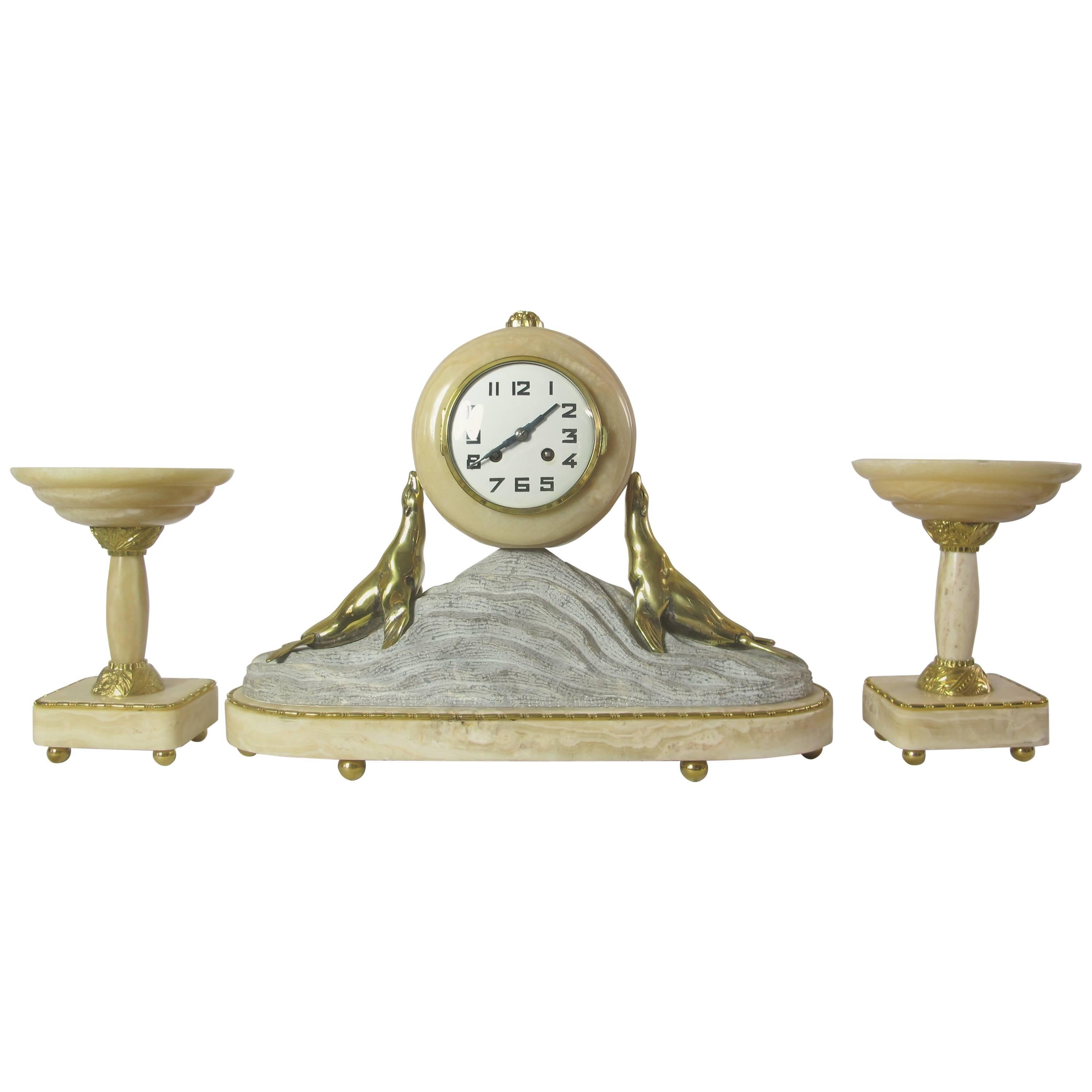 Attractive Art Deco Clockset with Bronze Sea Lions on a Marble Rock