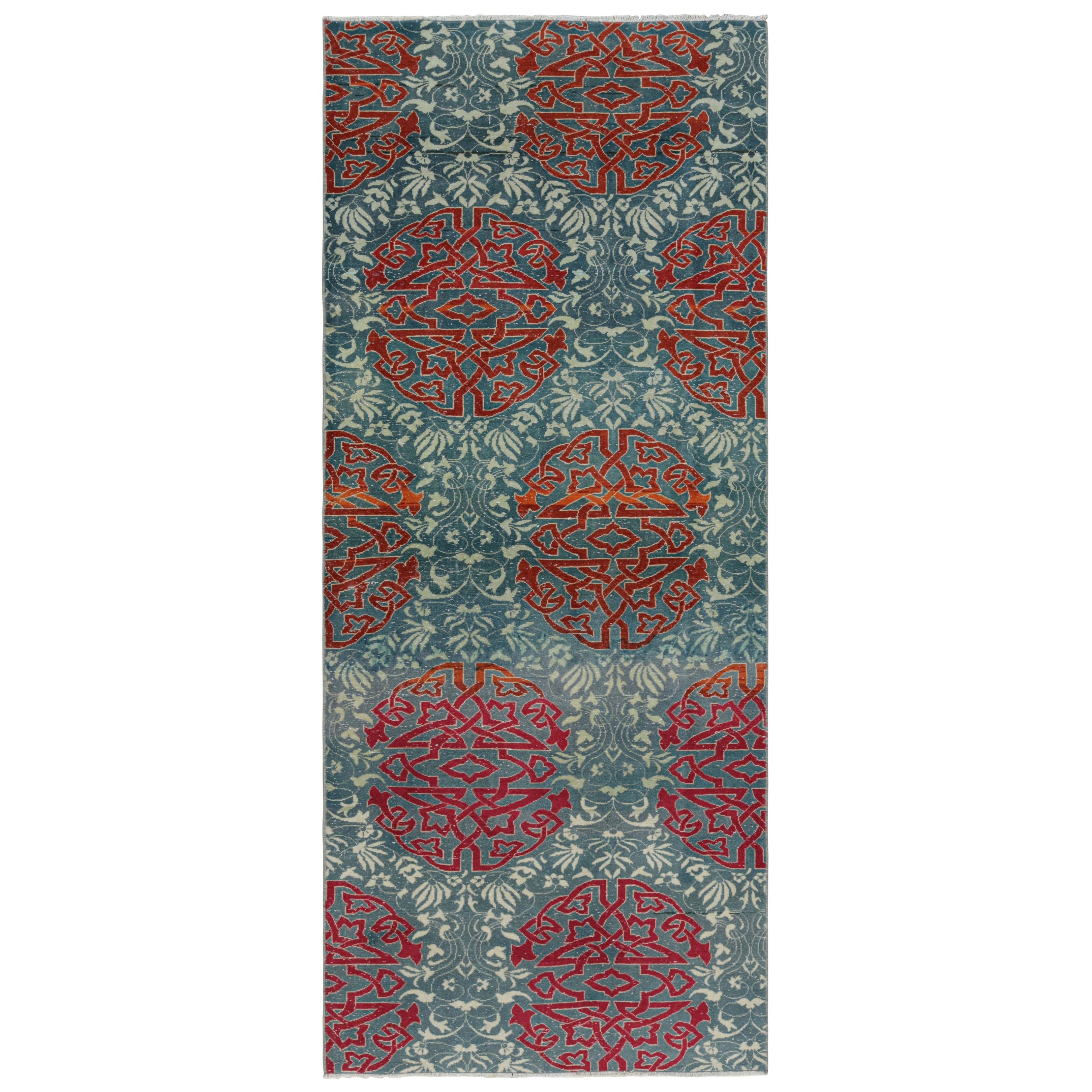 Tappeto vintage Hereke Runner in blu acqua con medaglioni arabescati  Rug & Kilim