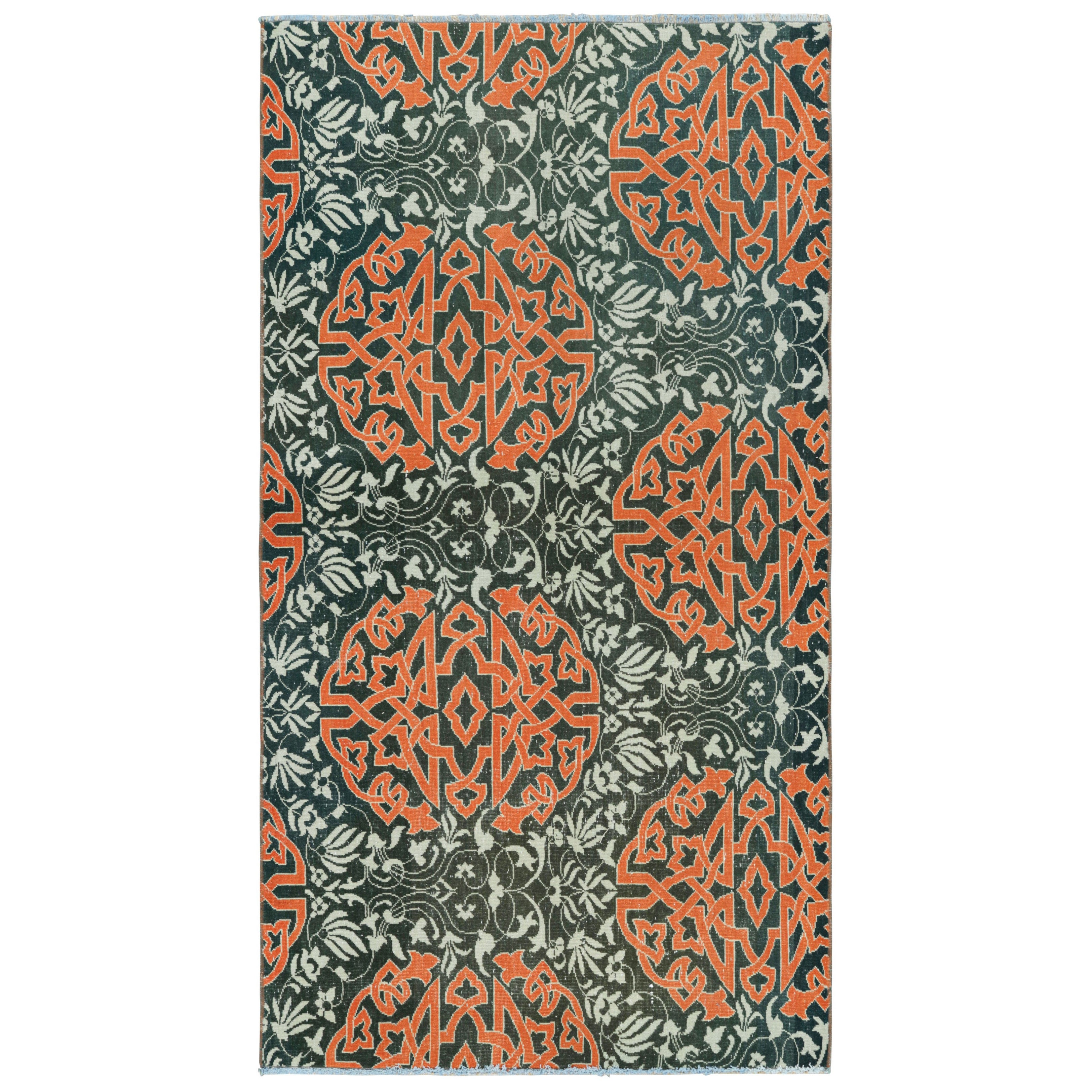 Vintage Hereke Runner Rug in Blue with Orange Arabesque Medallions  Rug & Kilim For Sale