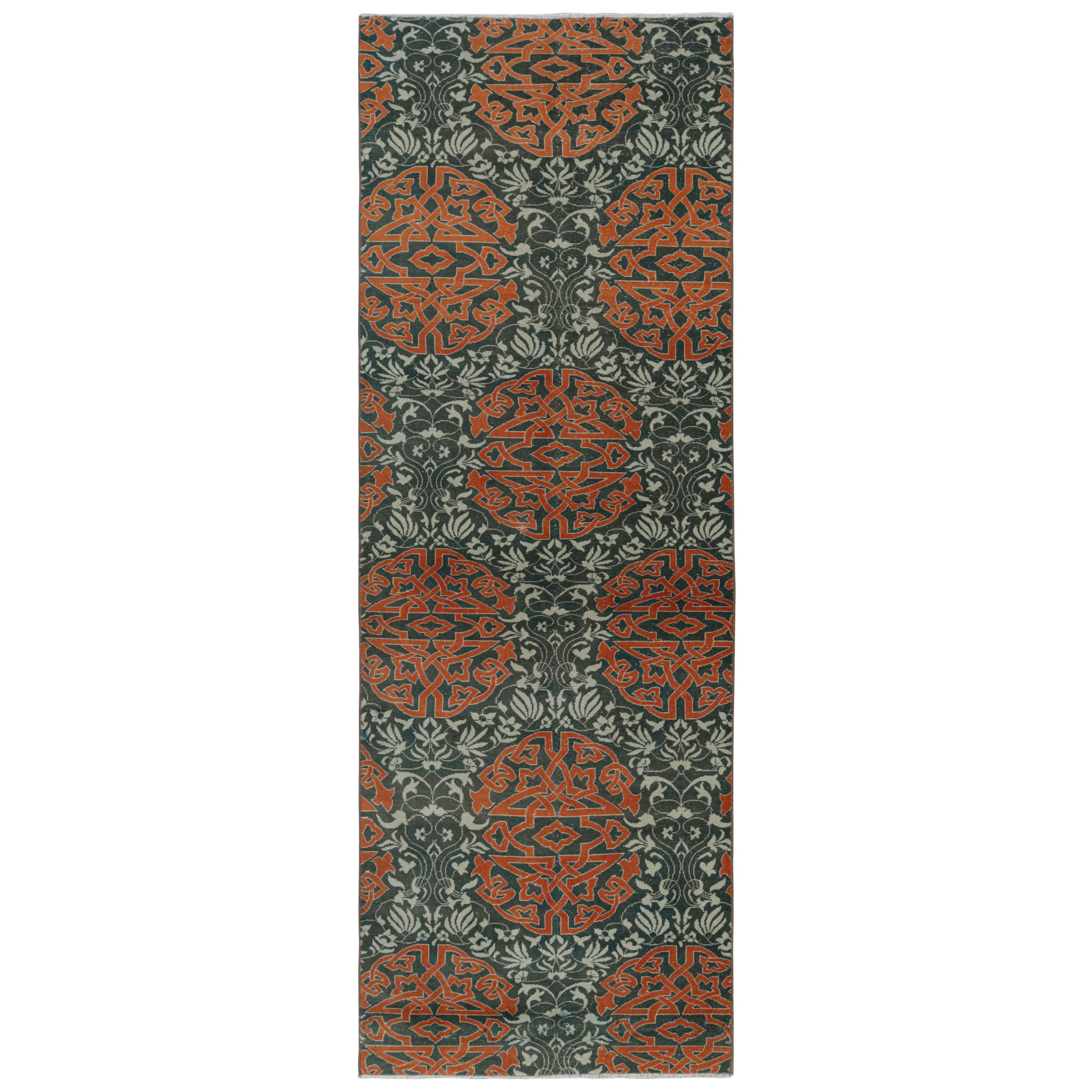 Vintage Hereke Runner Rug in Blue with Orange Arabesque Medallions  Rug & Kilim
