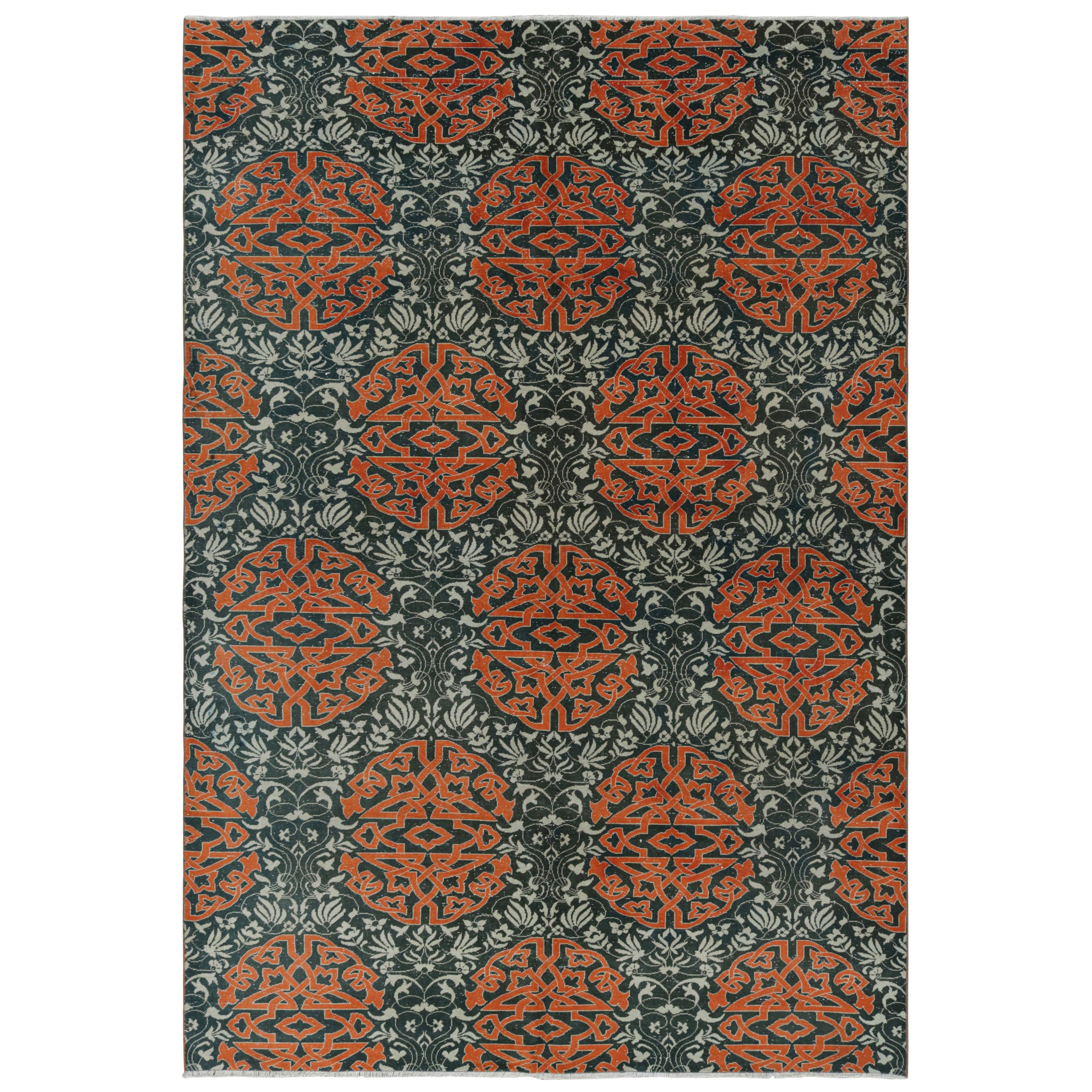 Vintage Hereke Rug in Blue with Orange Arabesque Medallions  Rug & Kilim