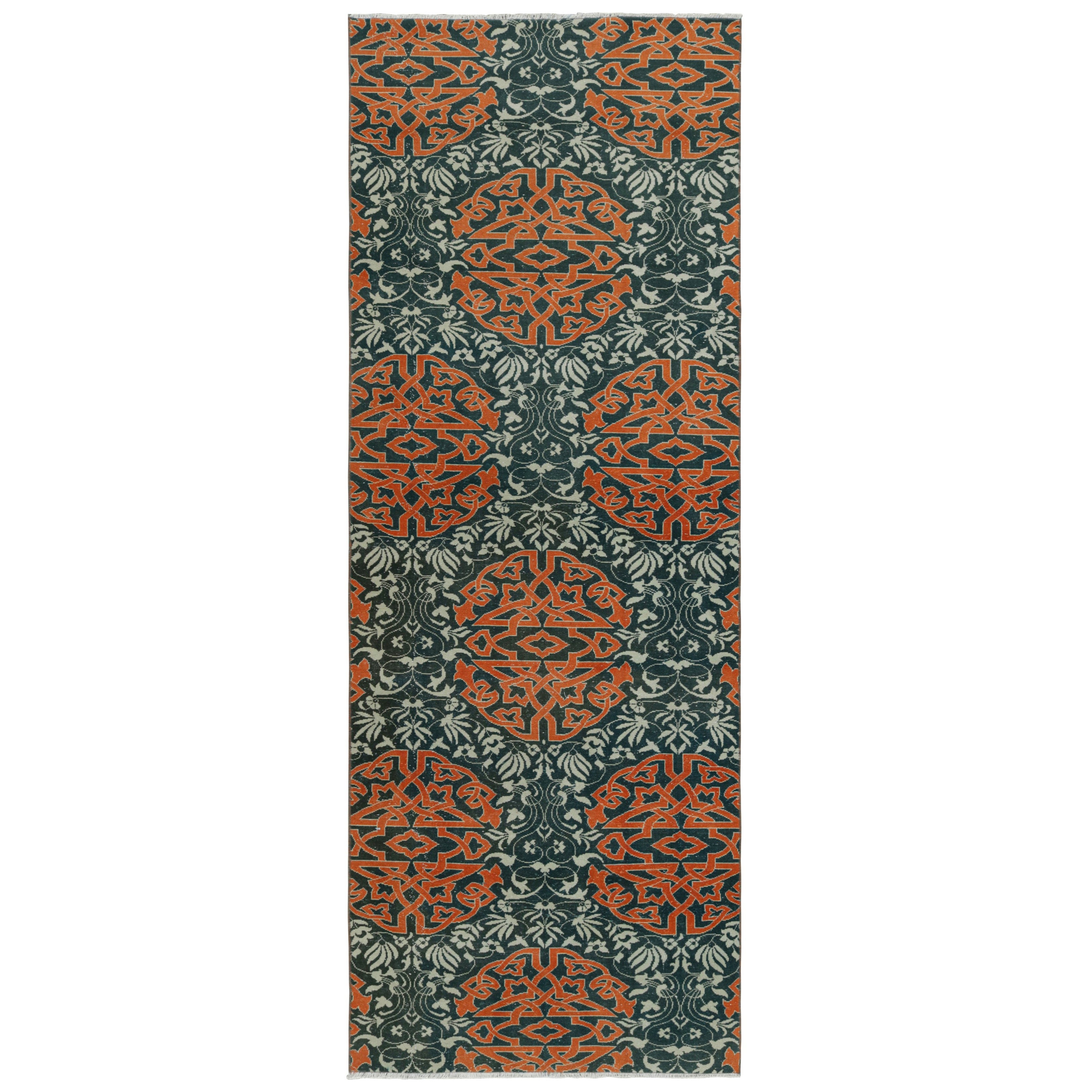 Vintage Hereke Runner Rug in Blue with Orange Arabesque Medallions  Rug & Kilim