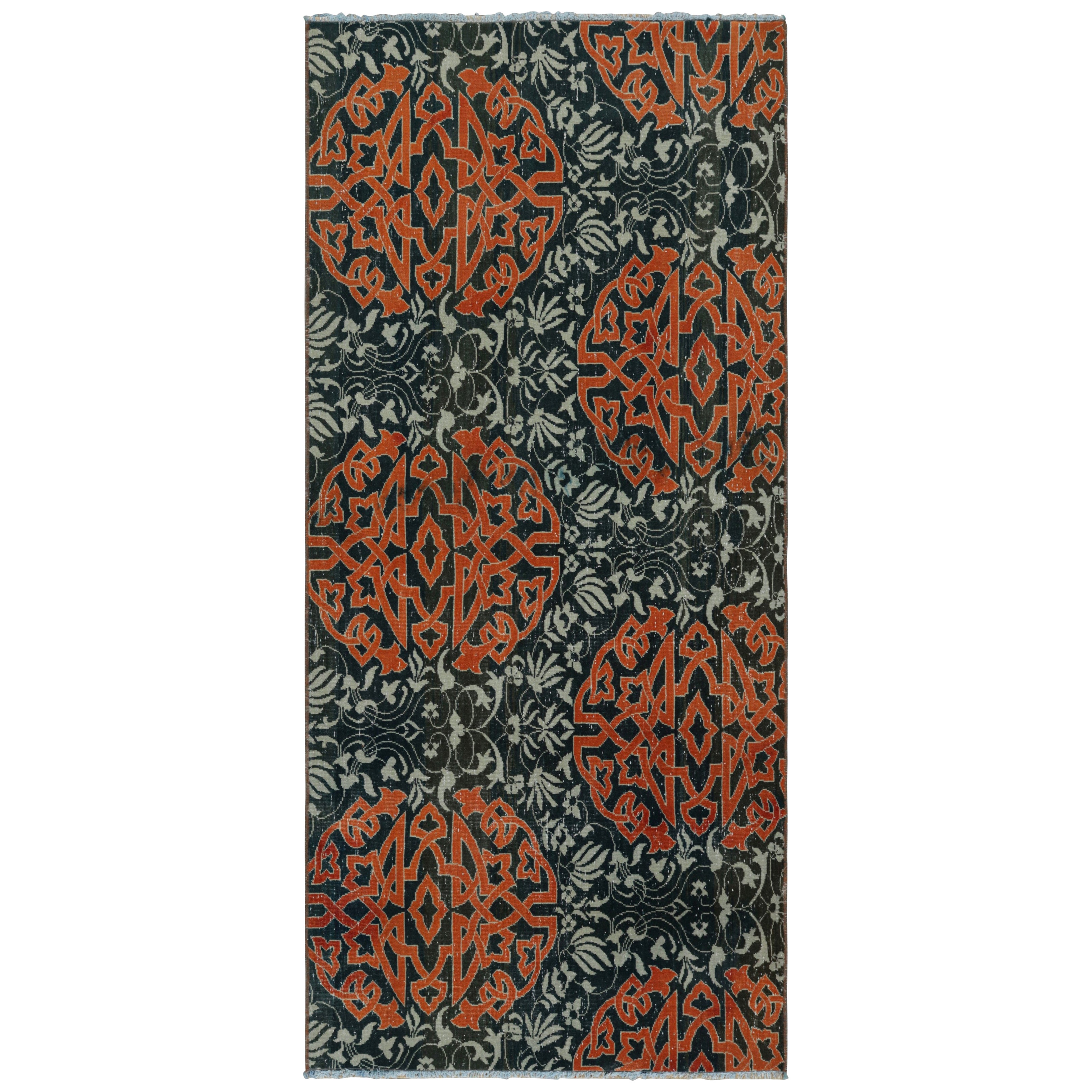 Vintage Hereke Runner Rug in Teal with Orange Arabesque Medallions  Rug & Kilim