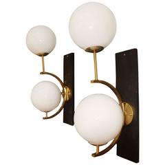 Italian Modern Mid Century Pair of Brass and White Glass Sconces