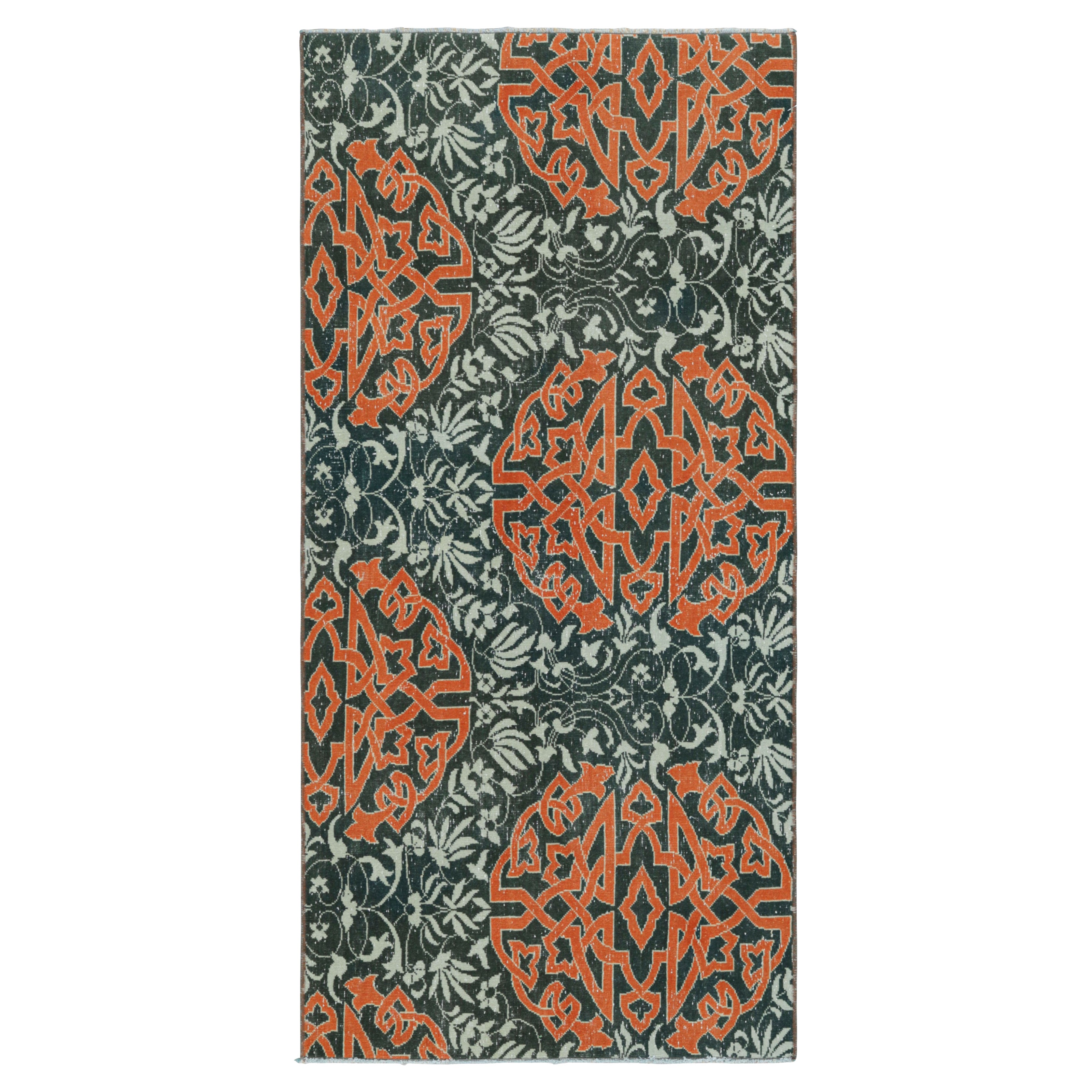 Vintage Hereke Runner Rug in Teal with Orange Arabesque Medallions  Rug & Kilim