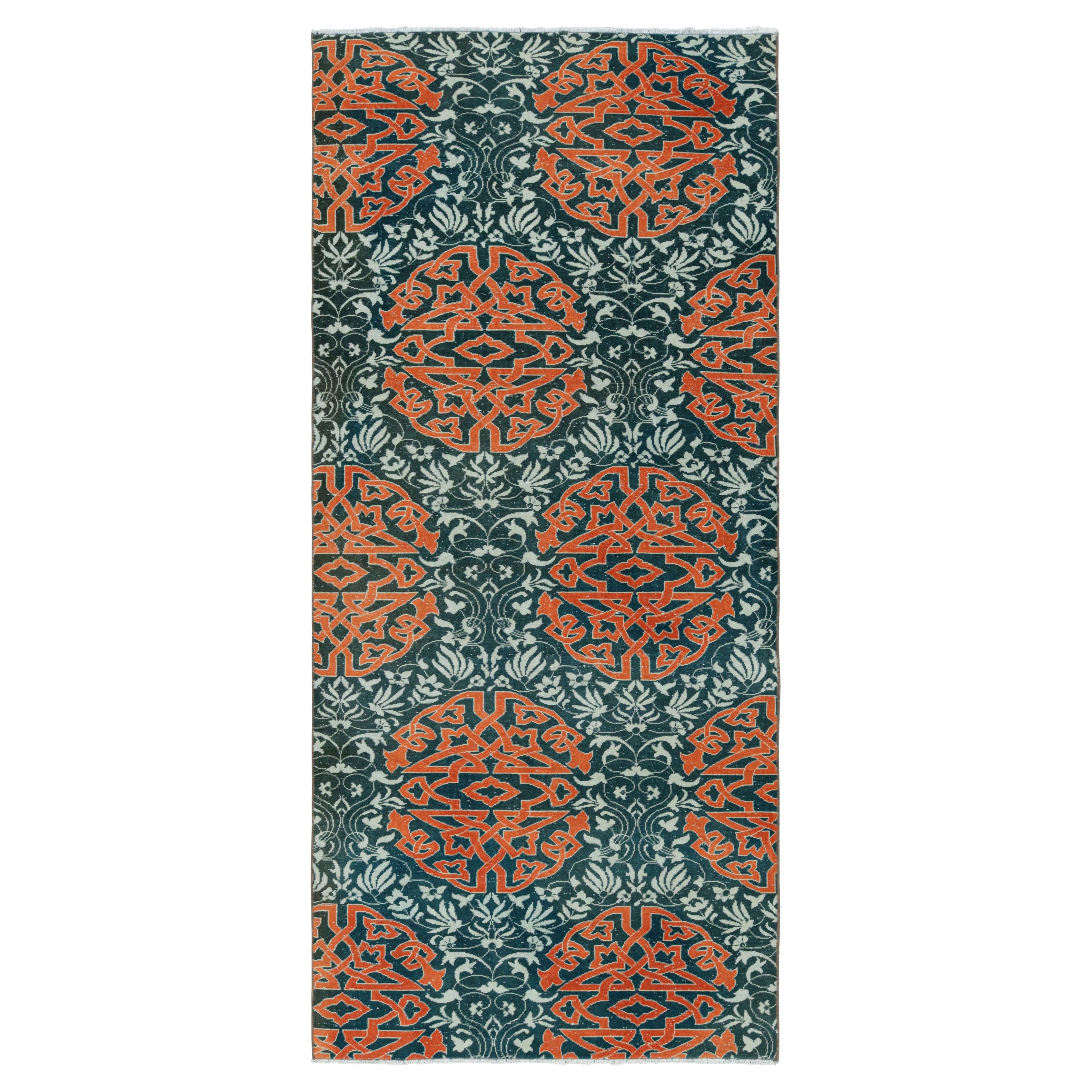 Vintage Hereke Runner Rug in Teal with Orange Arabesque Medallions  Rug & Kilim For Sale