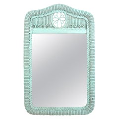 Large Woven Rattan Mirror in Turquoise Blue Patina