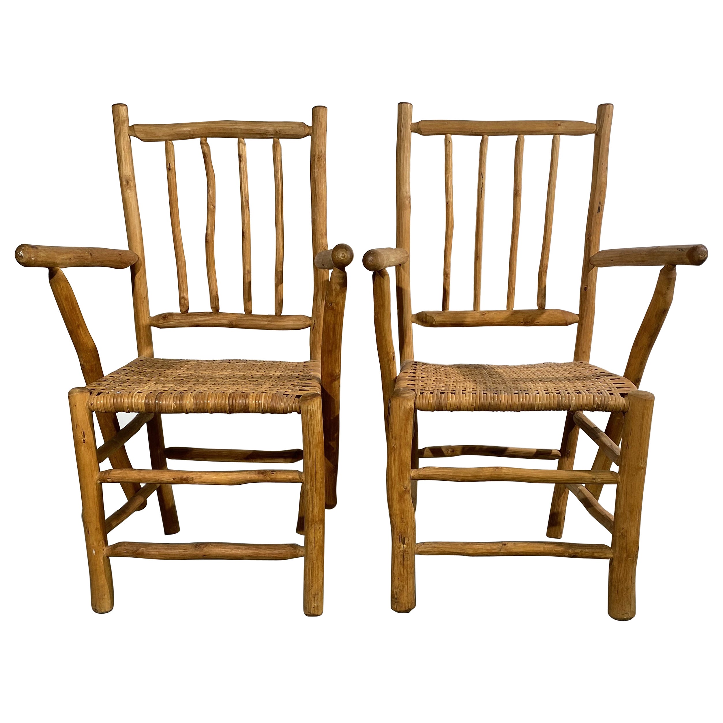 Rush Seat Hand Carved Armchairs Set of 2