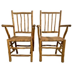 Rush Seat Hand Carved Armchairs Set of 2