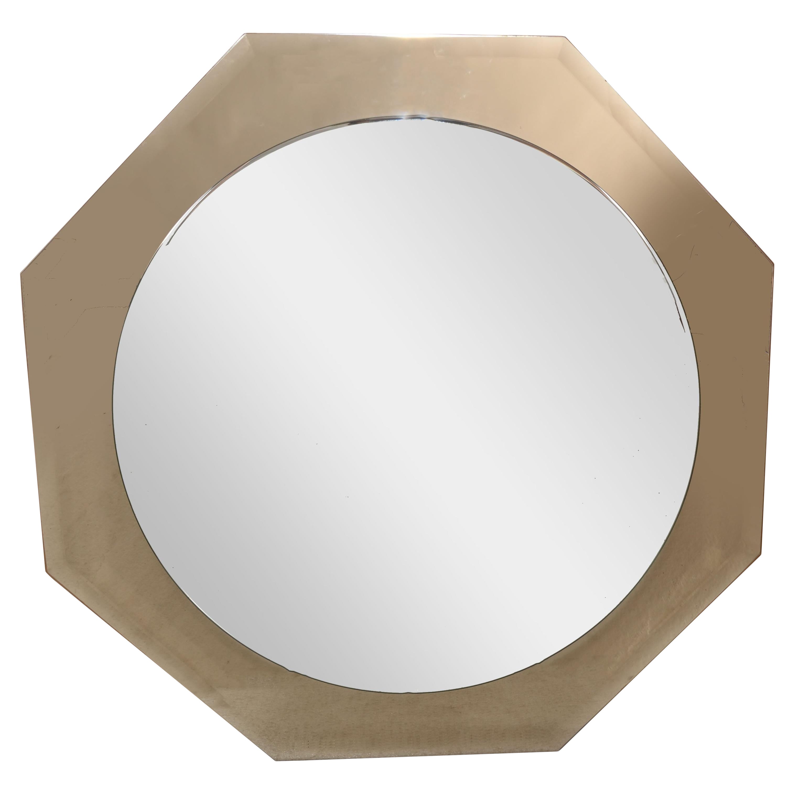 70s Fontana Arte Style Beveled Octagonal Smoked Glass Wall Mirror Art Deco Veca