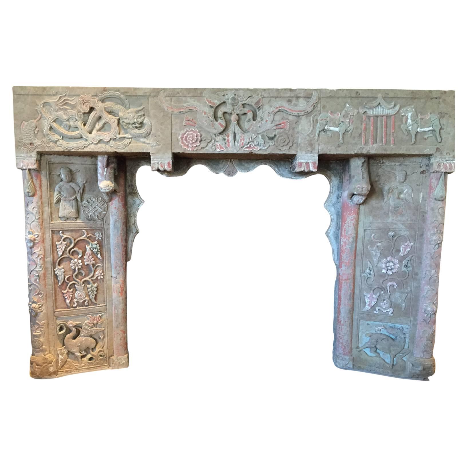 Chinese Antique Stone Mantle Dragons, Horses, Birds, Flowers 18th-19th Century