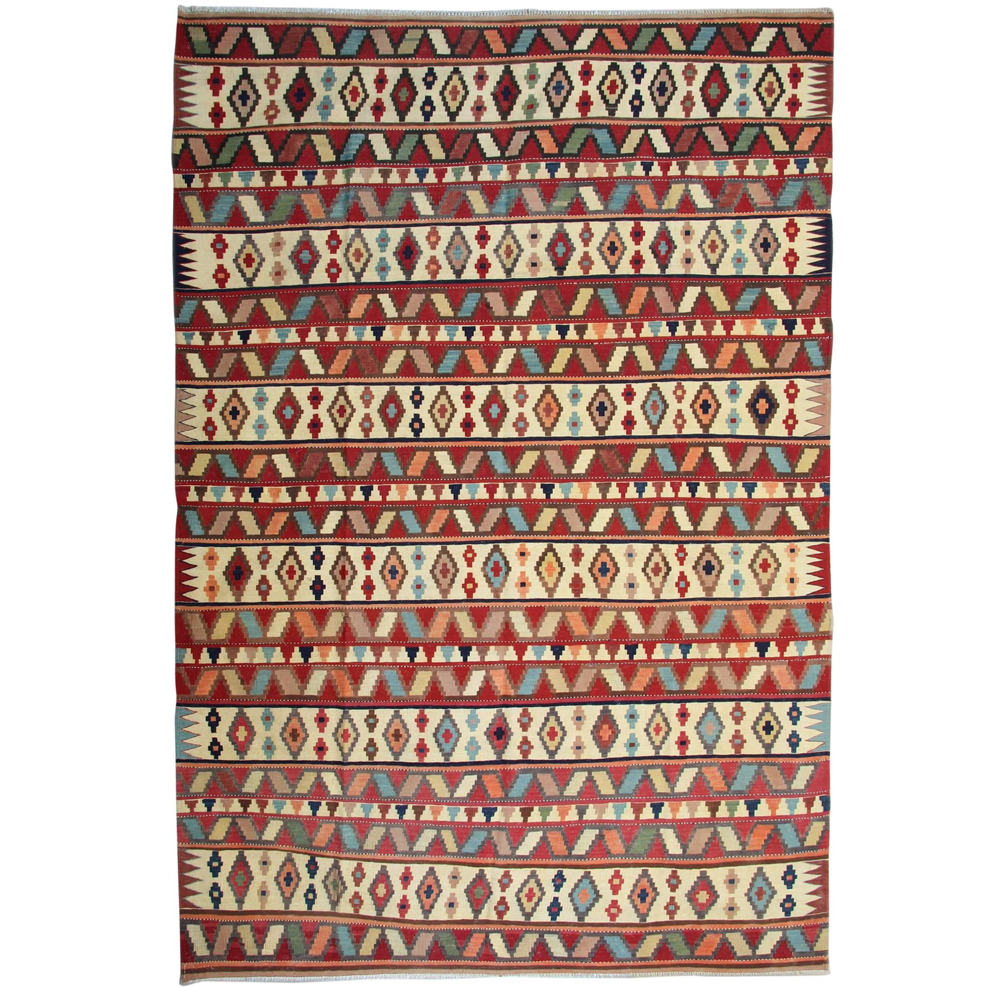 Antique Rug, Vintage Oriental Rug, Striped Kilim Rug Caucasian Handmade Carpet For Sale