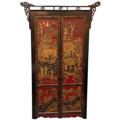Pair of Black and Cinnabar Color Chinoiserie Cabinets with Fine Gold Detailing
