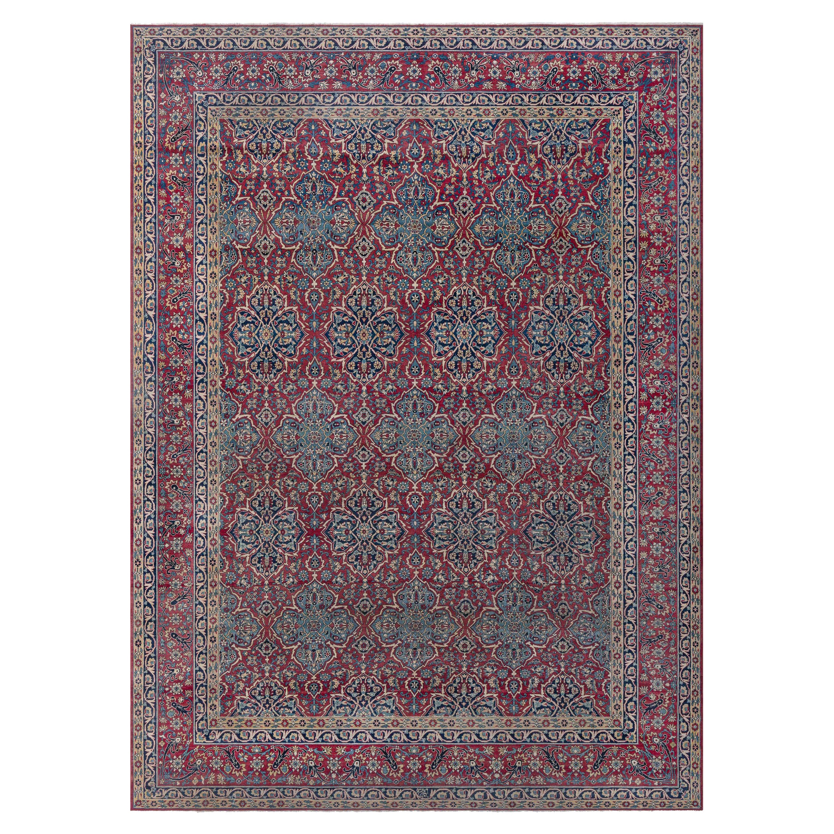 Tapis persan Kirman ancien rouge bleu beige Doris Leslie Blau en vente