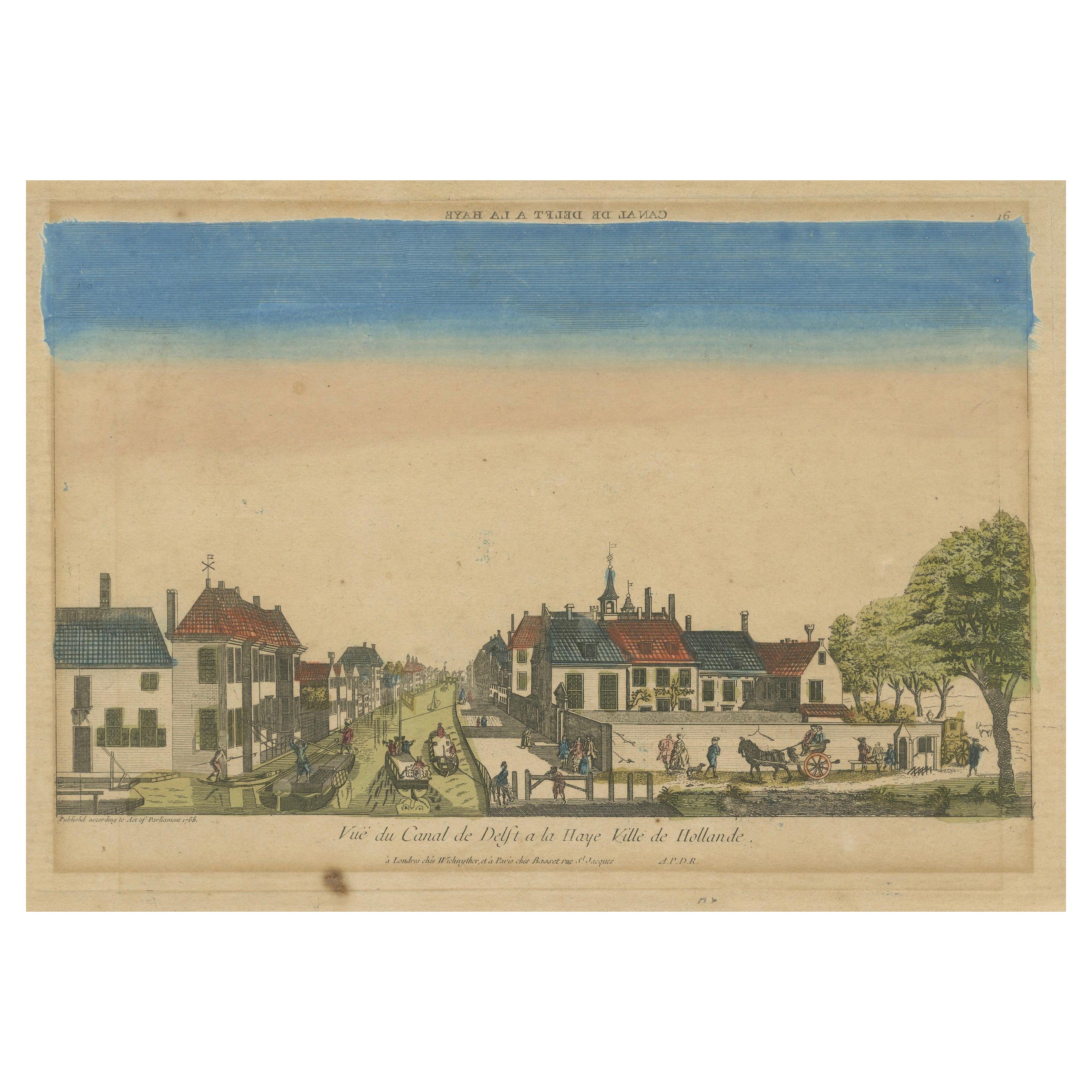 vue optique colorée à la main du canal de Delft, La Haye, par G.J. Probst, 1781