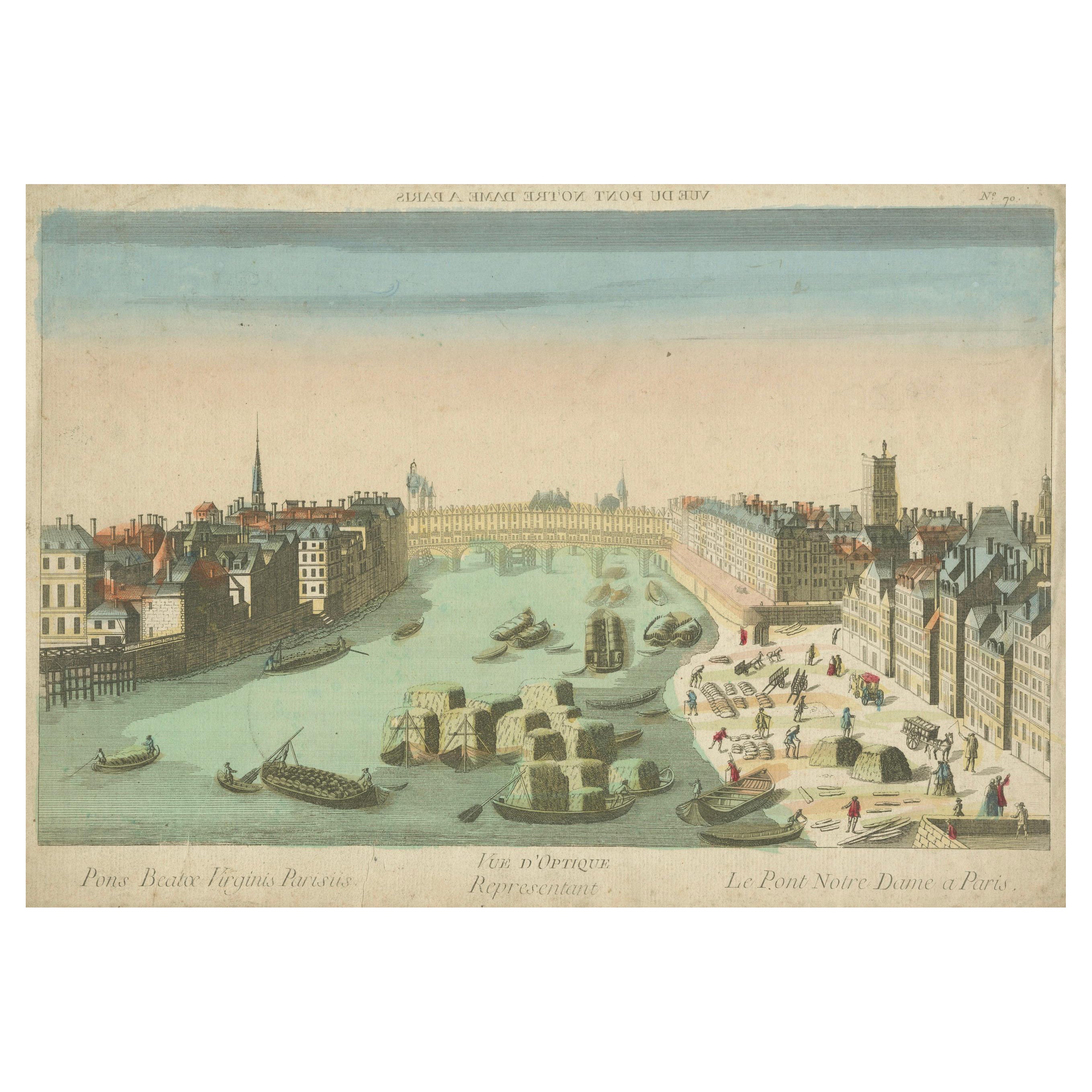 Vista óptica coloreada a mano del Puente de Notre-Dame, París, hacia el siglo XVIII