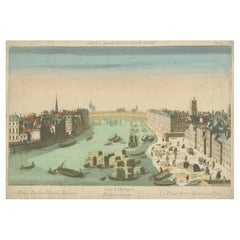 Vista óptica coloreada a mano del Puente de Notre-Dame, París, hacia el siglo XVIII